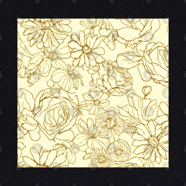 Artistic Flower Design: Hand-Drawn Roses and Daisies on a Vintage Yellow Background. by Zenflow